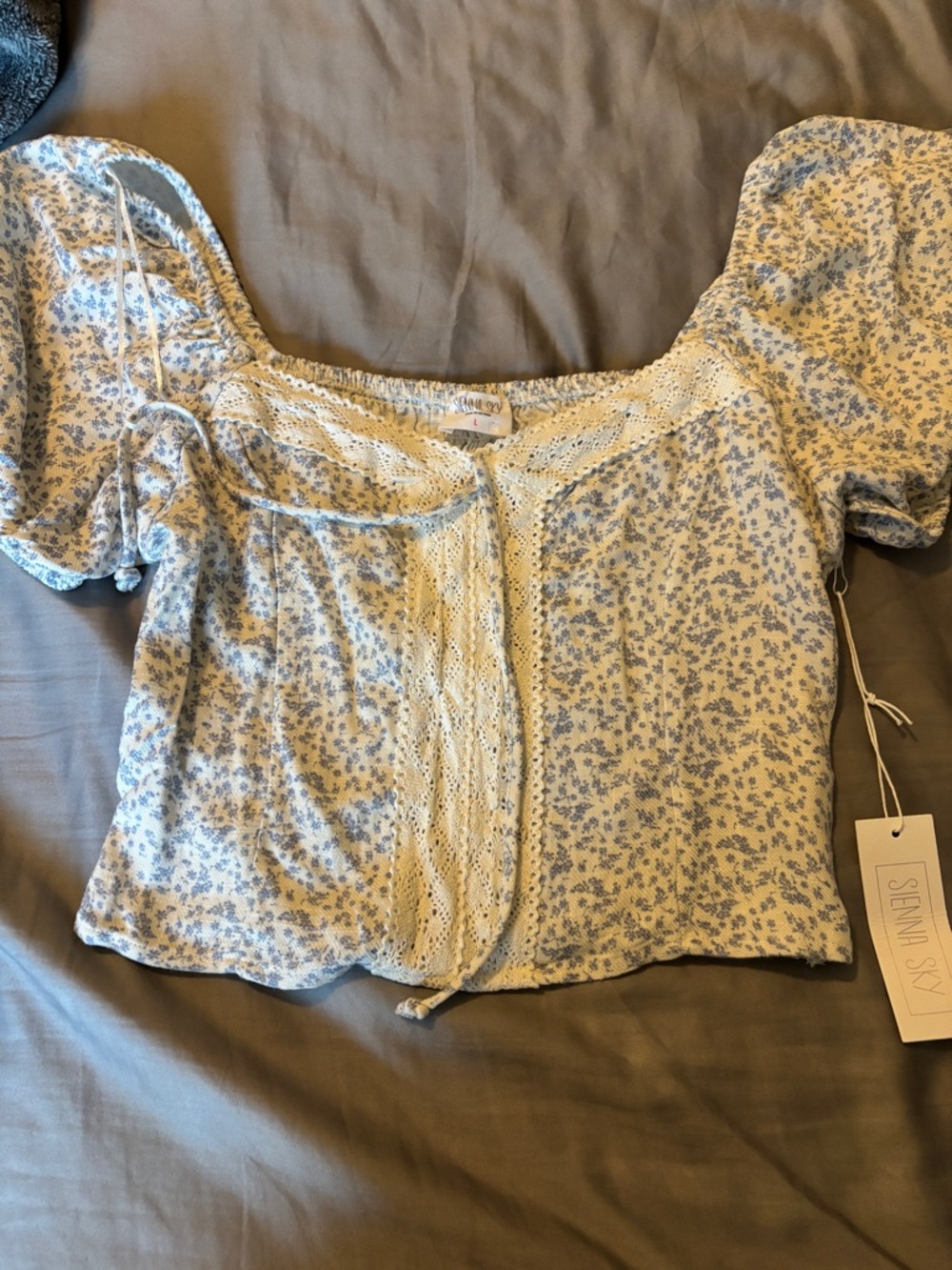 Sienna Sky Light Blue Floral Lace-Trim Crop Top XL NWT